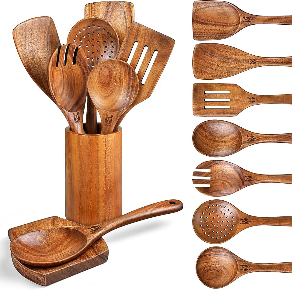 9-Piece Wooden Cooking Spoon Set with Rest and Holder