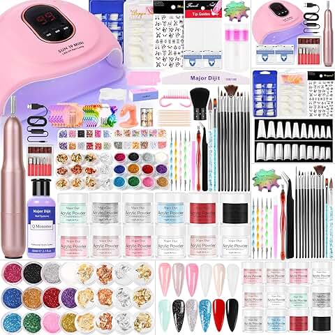 Acrylic Nail Kit with Lamp, Drill, Glitter, Brushes, 12 Colors