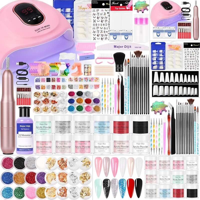 Acrylic Nail Kit with Lamp, Drill, Glitter, Brushes, 12 Colors