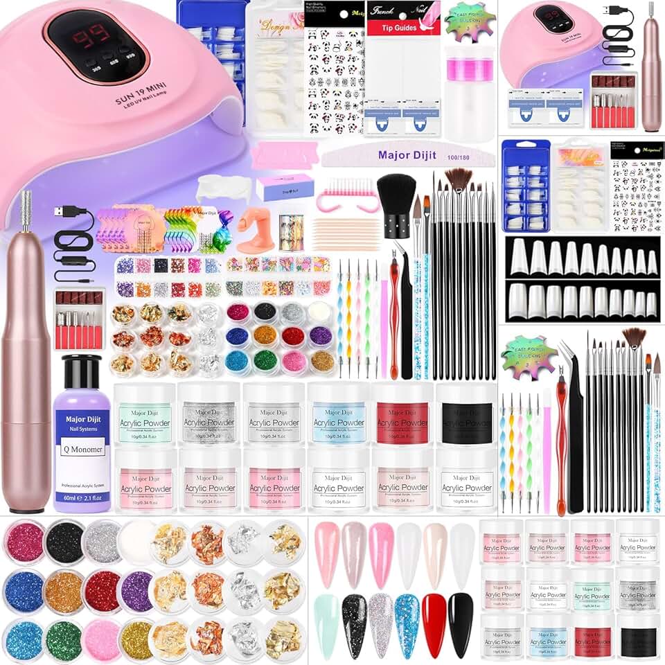 Acrylic Nail Kit with Lamp, Drill, Glitter, Brushes, 12 Colors