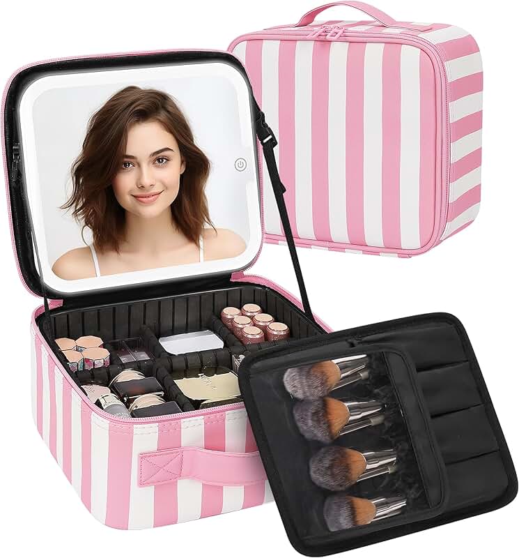 Small Pink and White Striped Makeup Bag with Lighted Mirror