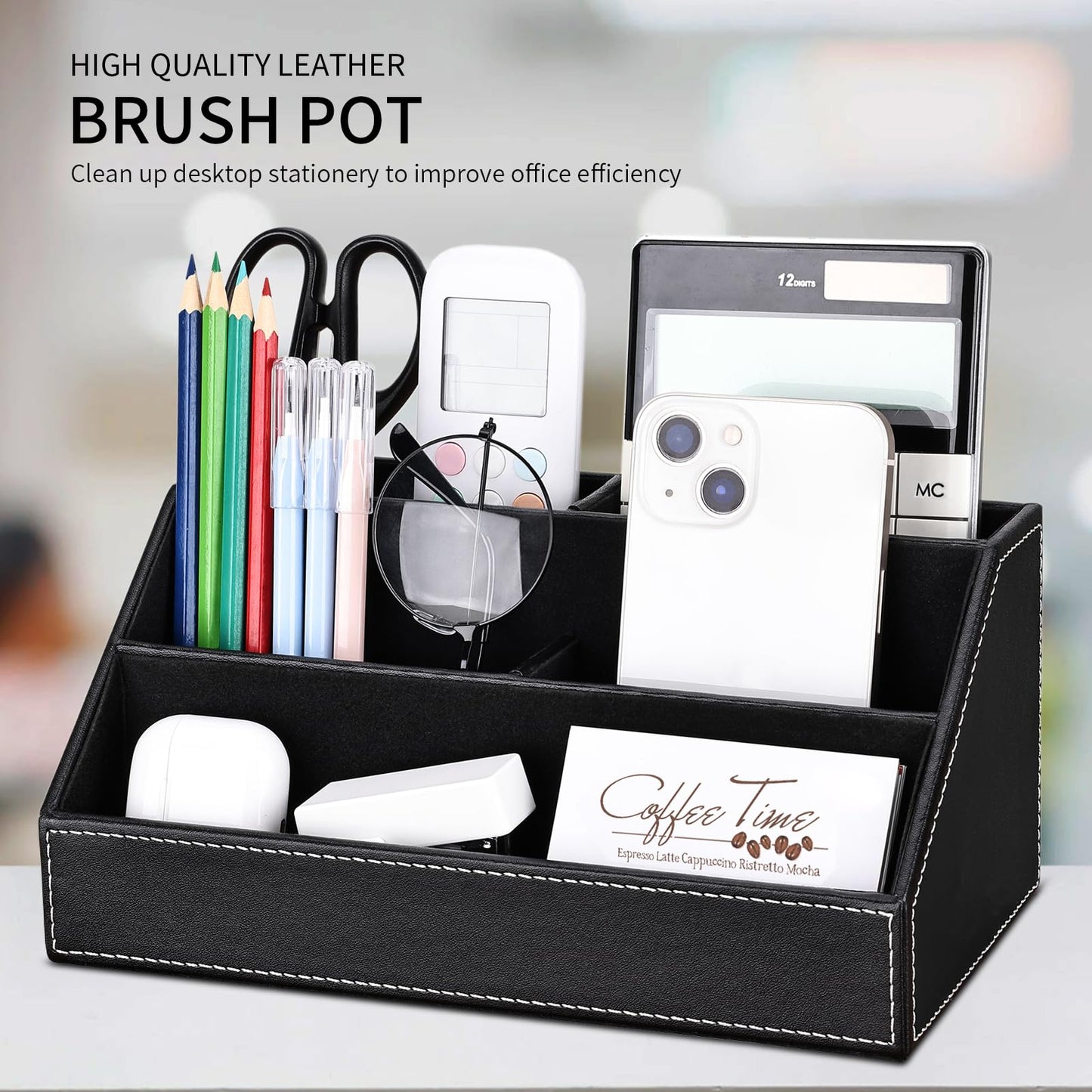 Five-piece black desk organizer set with accessories