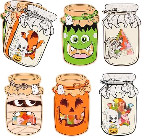 Halloween Mason Jar Candy Bags with Greeting Cards, 50 Pack