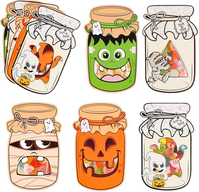 Halloween Mason Jar Candy Bags with Greeting Cards, 50 Pack