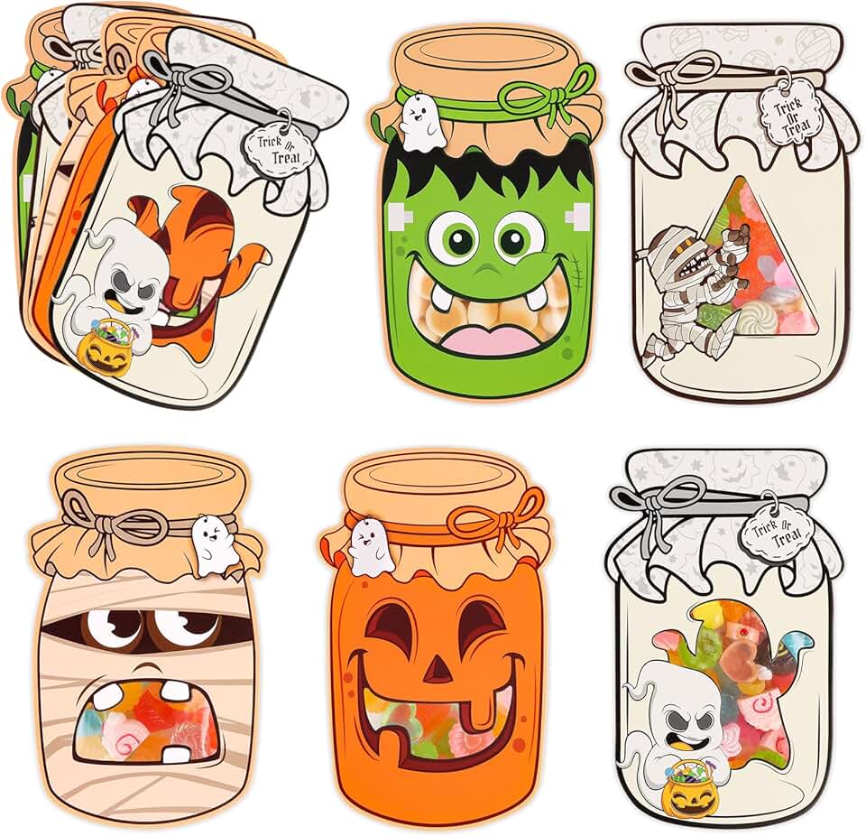 Halloween Mason Jar Candy Bags with Greeting Cards, 50 Pack