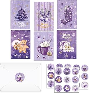 24 Vintage Purple Christmas Cards with Envelopes and Stickers