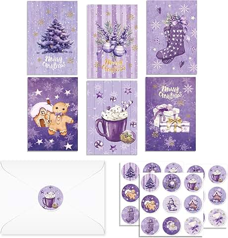24 Vintage Purple Christmas Cards with Envelopes and Stickers