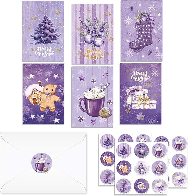 24 Vintage Purple Christmas Cards with Envelopes and Stickers