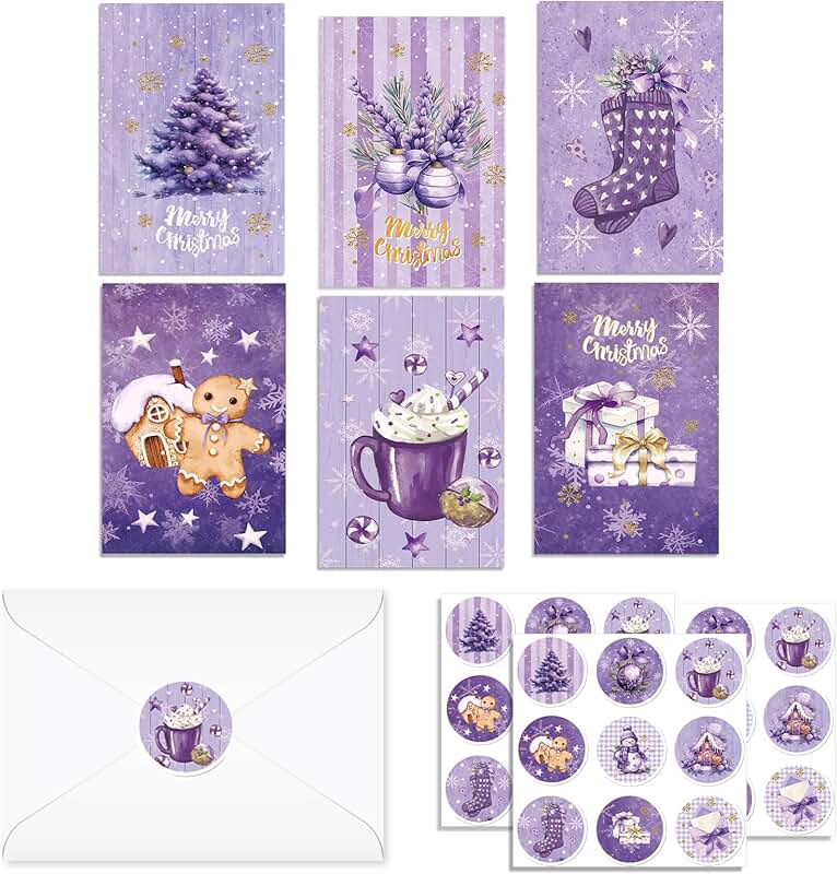 24 Vintage Purple Christmas Cards with Envelopes and Stickers
