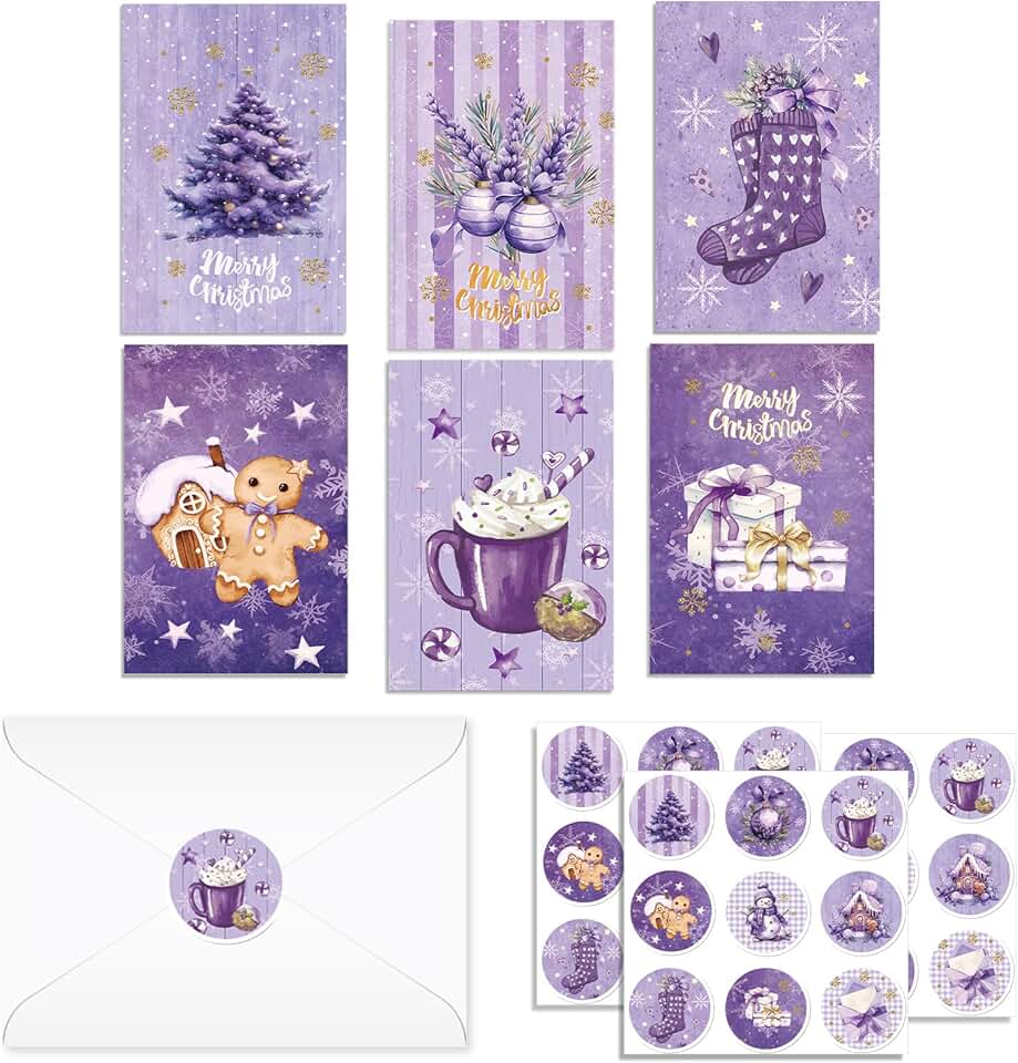 24 Vintage Purple Christmas Cards with Envelopes and Stickers