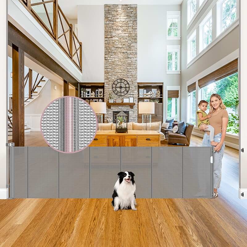 Extra Long Retractable Baby and Dog Gate with Support