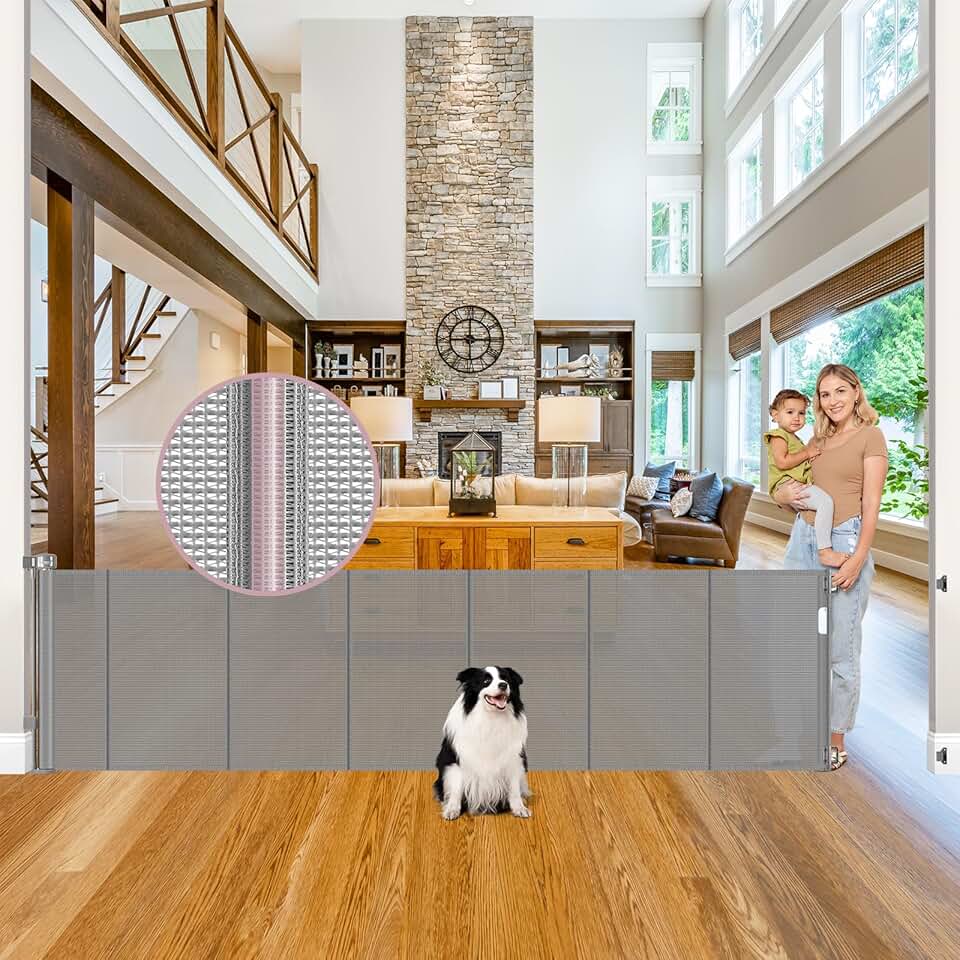 Extra Long Retractable Baby and Dog Gate with Support