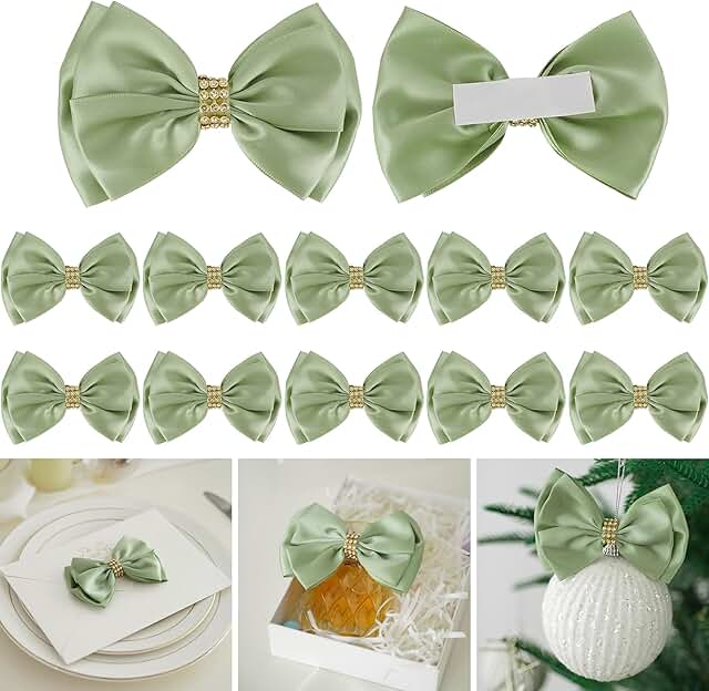 Green Satin Ribbon Bows, 4-inch, Pack of 12