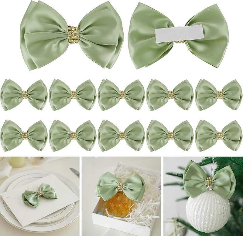 Green Satin Ribbon Bows, 4-inch, Pack of 12