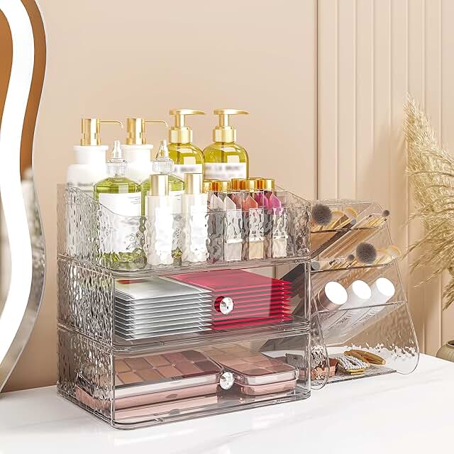 Three-Tier Clear Makeup Organizer with Drawers