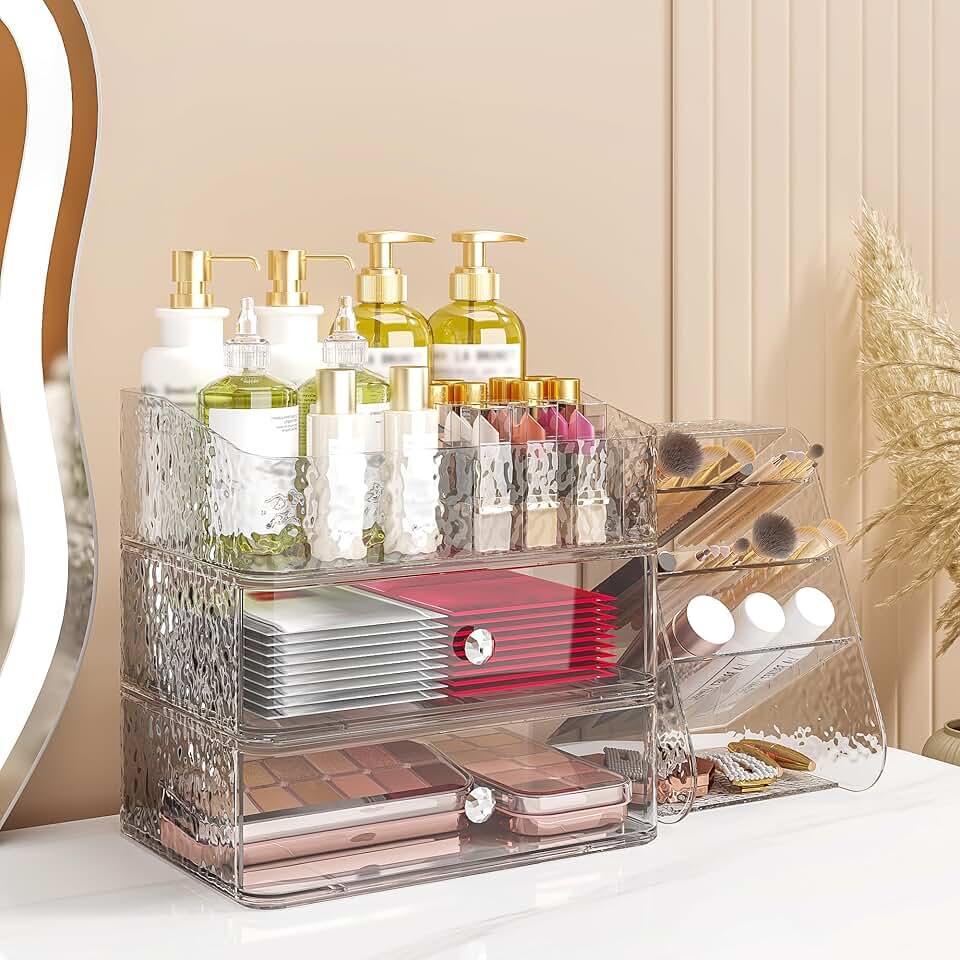 Three-Tier Clear Makeup Organizer with Drawers
