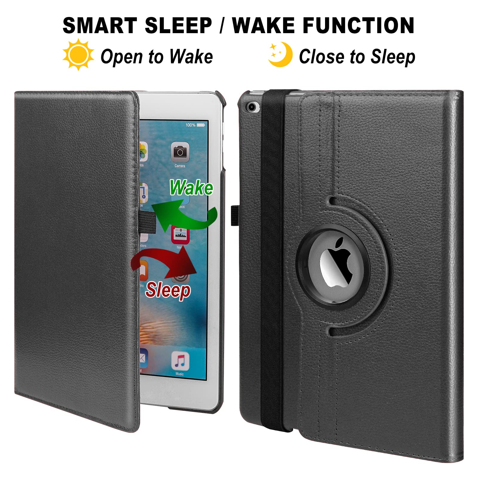 9.7 inch ipad Case Fit iPad 9.7 2018 2017 / iPad Air 2 / iPad Air - 360 Degree Rotating Case Cover for iPad 9.7'' (5th Generation, 6th Gen) / iPad Air 2 / iPad Air with Auto Sleep Wake (Black)