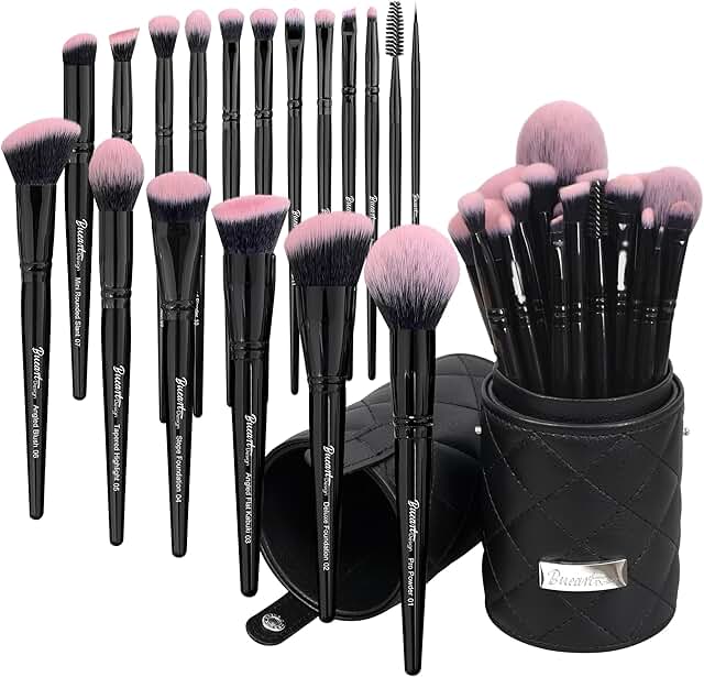 18-Piece Fuchsia Pink and Black Makeup Brush Set with Travel Case