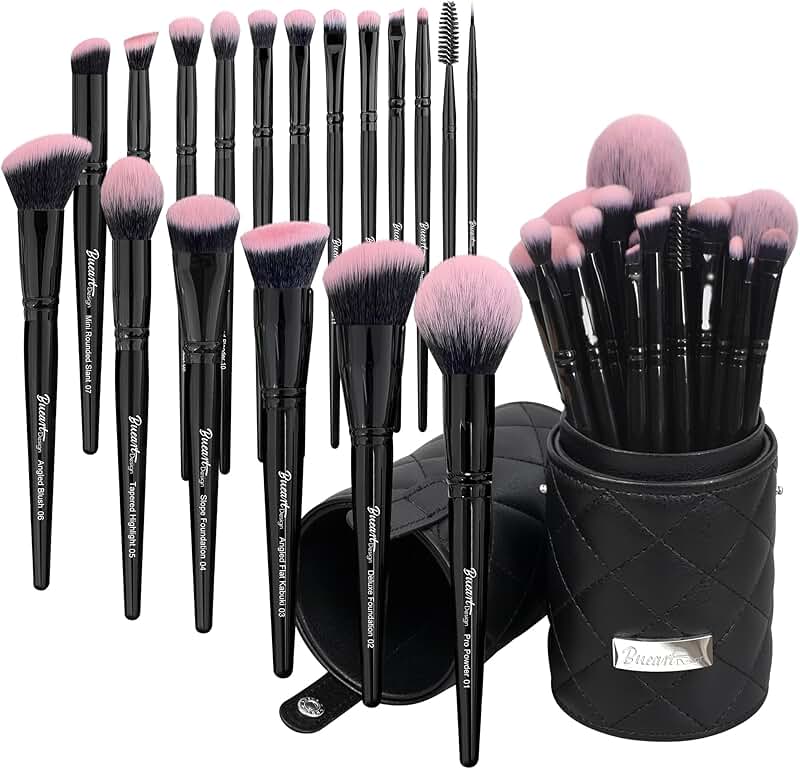 18-Piece Fuchsia Pink and Black Makeup Brush Set with Travel Case