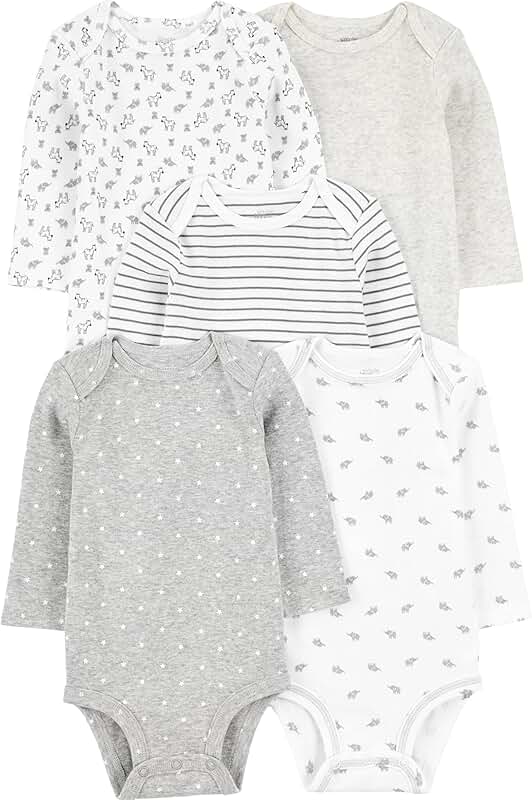 Five unisex long-sleeve baby bodysuits