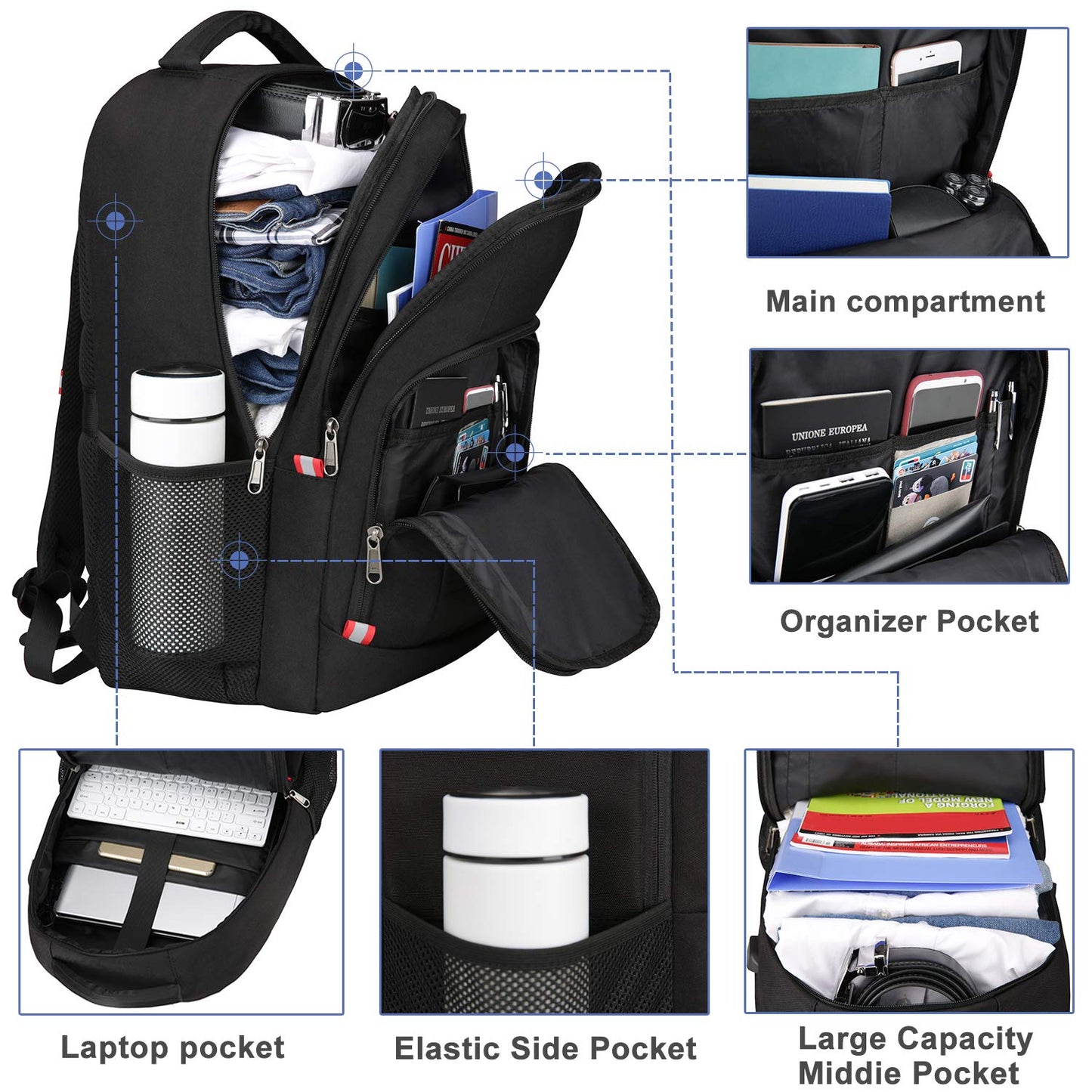 Travel Laptop Backpack,Extra Large Anti Theft College School Backpack for Men and Women with USB Charging Port,Water Resistant Big Business Computer Backpack Bag Fit 17 Inch Laptop and Notebook,Black