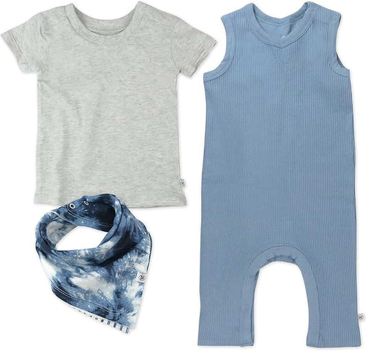 Unisex Baby Rib Romper, T-Shirt, and Reversible Bib
