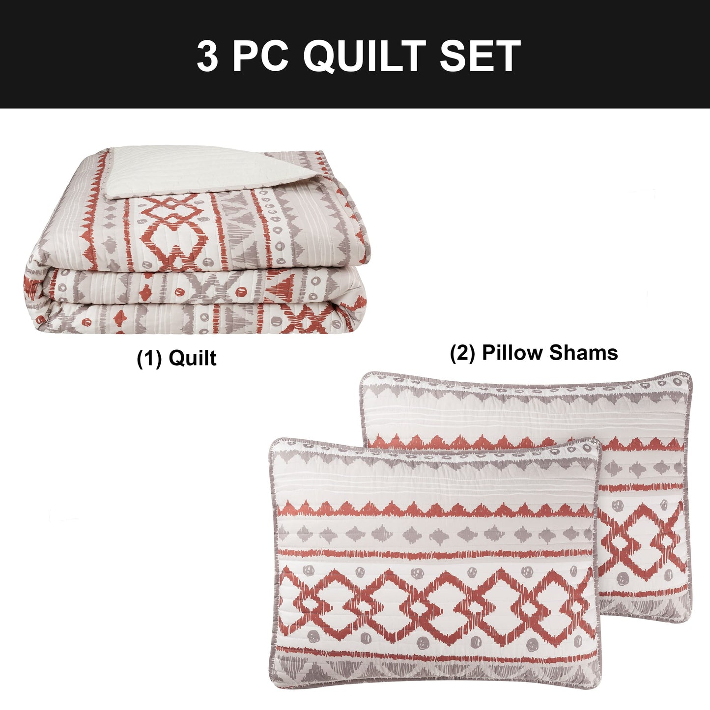 Adair Reversible Design Blanket 3 Piece Set Includes 1 Quilt and 2 Shams 100% Polyester Wrinkle Resistant and Anti Pilling, Queen 3PC, Natural/Rust