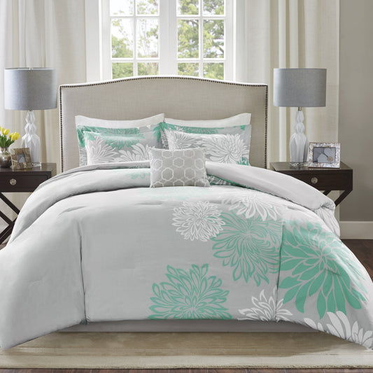 Enya Comforter Set-Modern Floral Design All Season Down Alternative Bedding, Matching Shams, Bedskirt, Decorative Pillows, Queen(90"x90"), Aqua