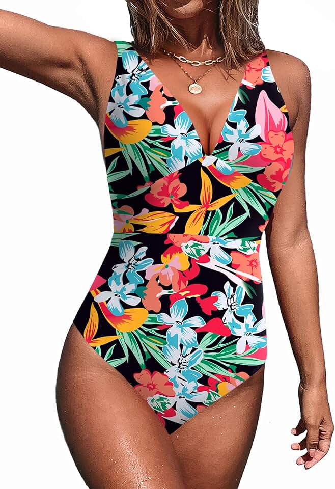 Women’s Ribbed V-Neck One-Piece Swimsuit