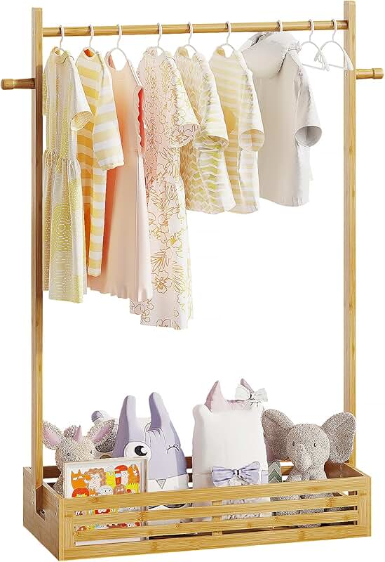 Kids and pet clothes rack with storage and hanging rod