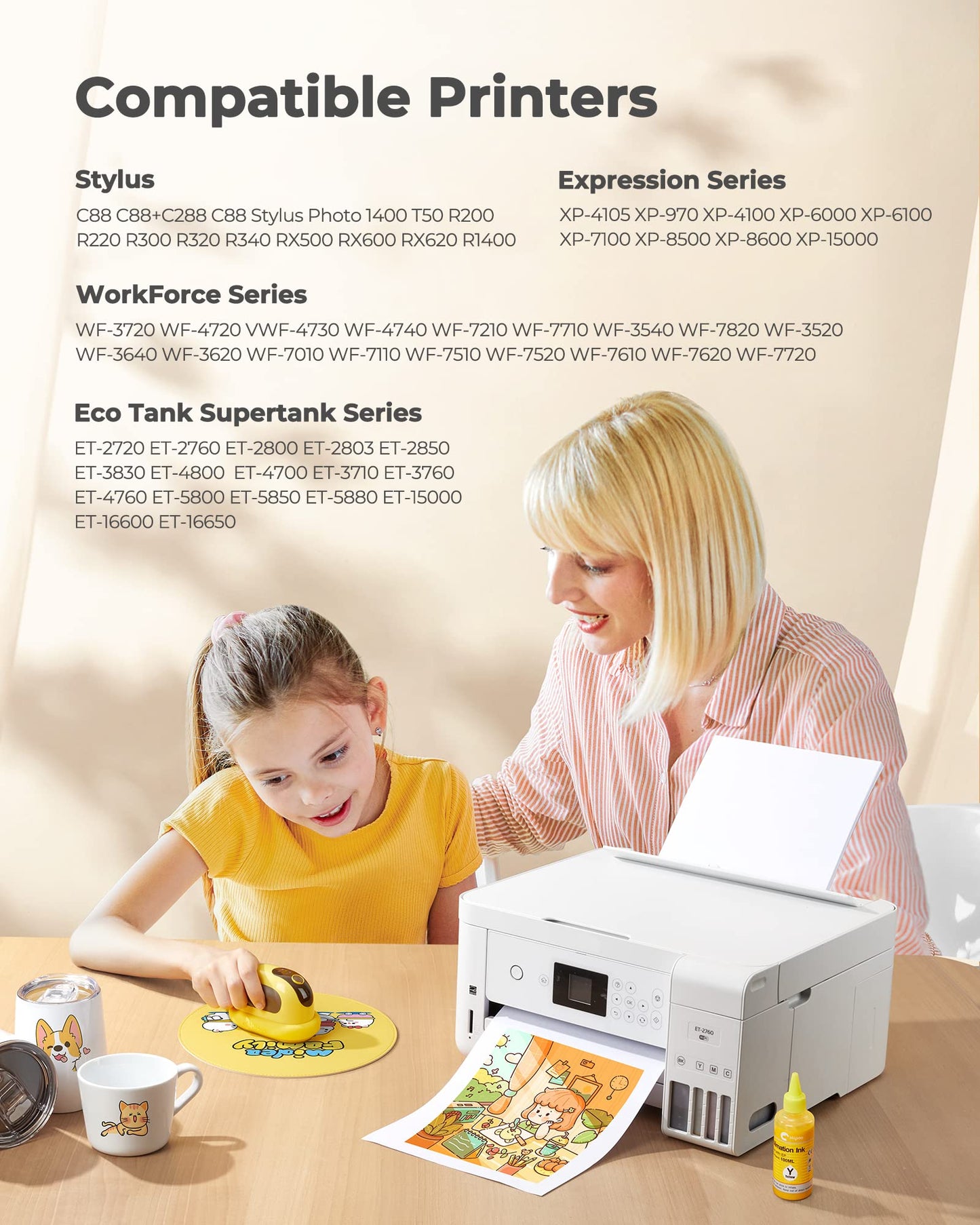 Sublimation Ink with Heat Tape Refill for XP4105 XP4100 ET2720 ET2760 ET2750 ET4800 ET-2800 ET-2803 ET-2850 ET4700 Inkjet Printers Heat Press Transfer on Mugs T-Shirts