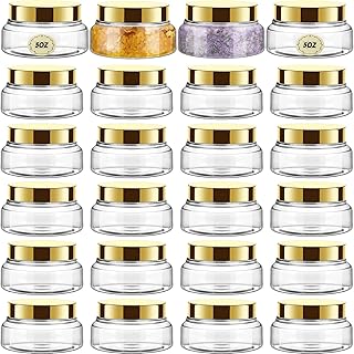 24 Clear Plastic Jars with Lids, 5 oz, Gold