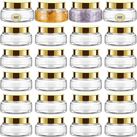 24 Clear Plastic Jars with Lids, 5 oz, Gold