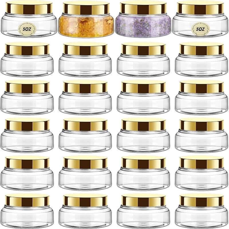24 Clear Plastic Jars with Lids, 5 oz, Gold