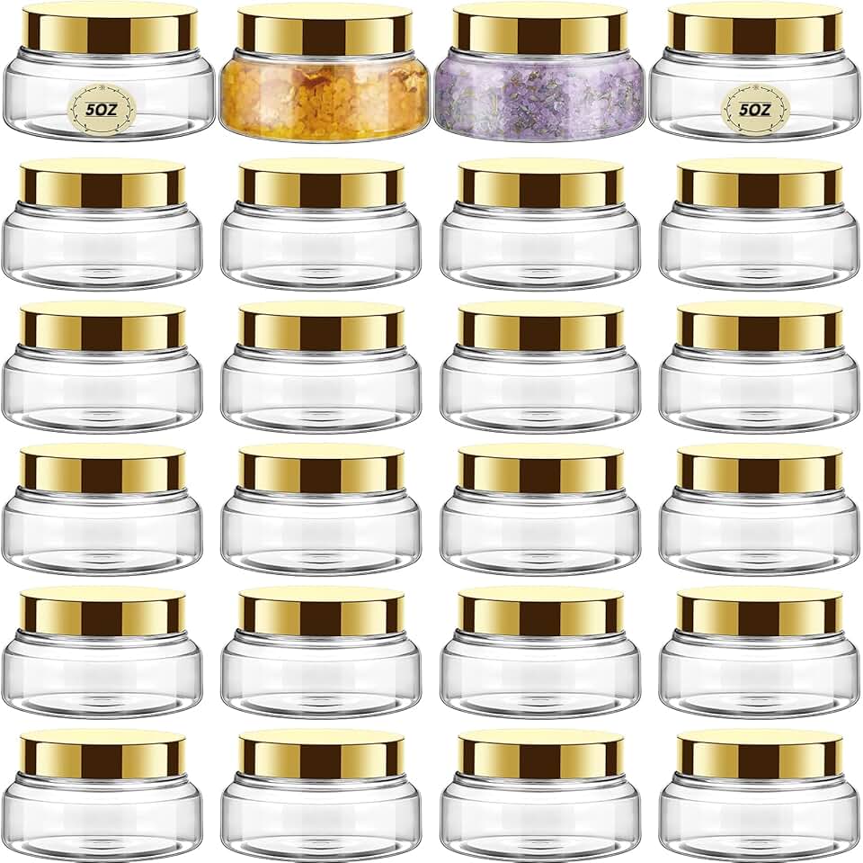 24 Clear Plastic Jars with Lids, 5 oz, Gold