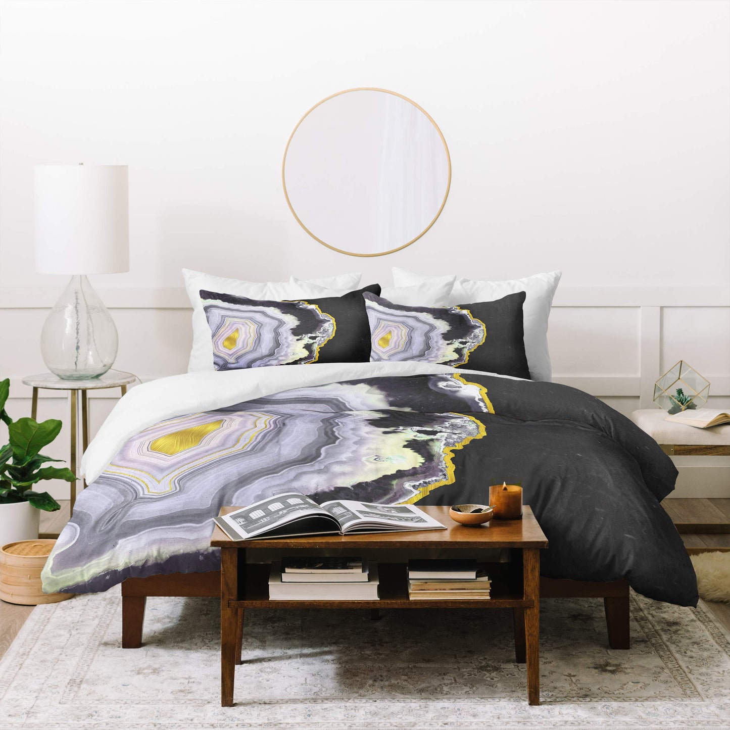 Emmanuela Carratoni Black and Gold Agate Duvet Set with Two Pillow Shams, Queen/Full