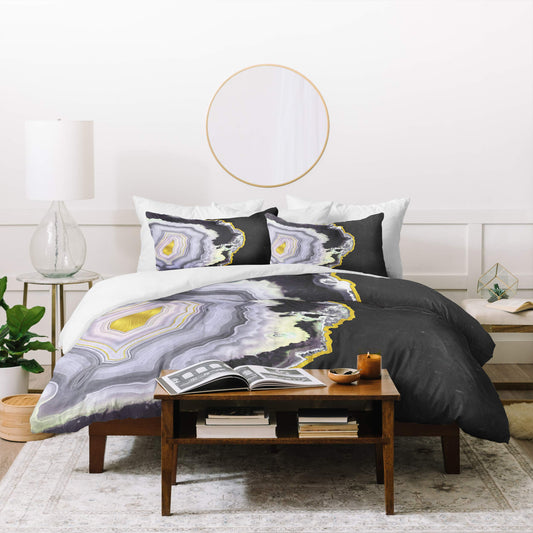 Emmanuela Carratoni Black and Gold Agate Duvet Set with Two Pillow Shams, Queen/Full