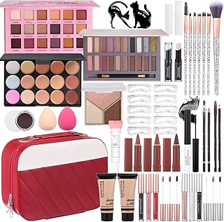 Complete makeup kit with eyeshadow, foundation, lipstick, brushes, and carrying bag
