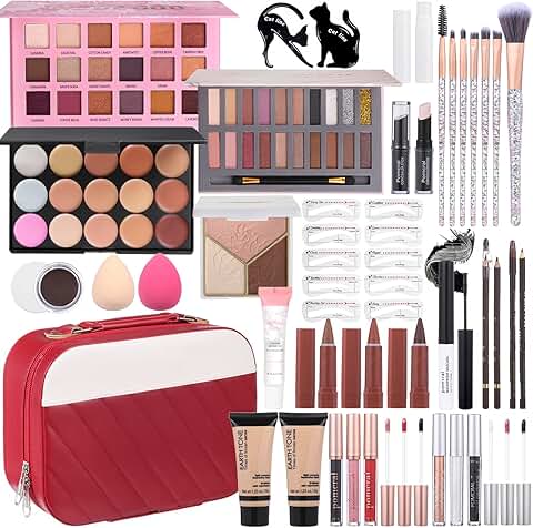 Complete makeup kit with eyeshadow, foundation, lipstick, brushes, and carrying bag