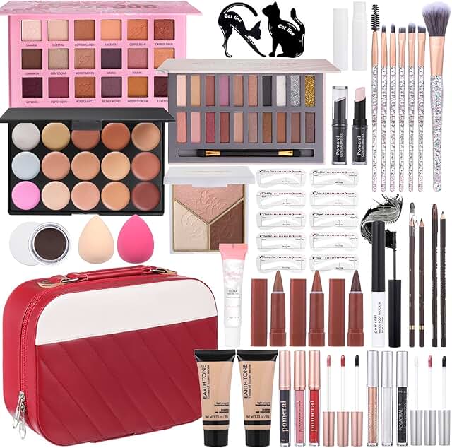 Complete makeup kit with eyeshadow, foundation, lipstick, brushes, and carrying bag