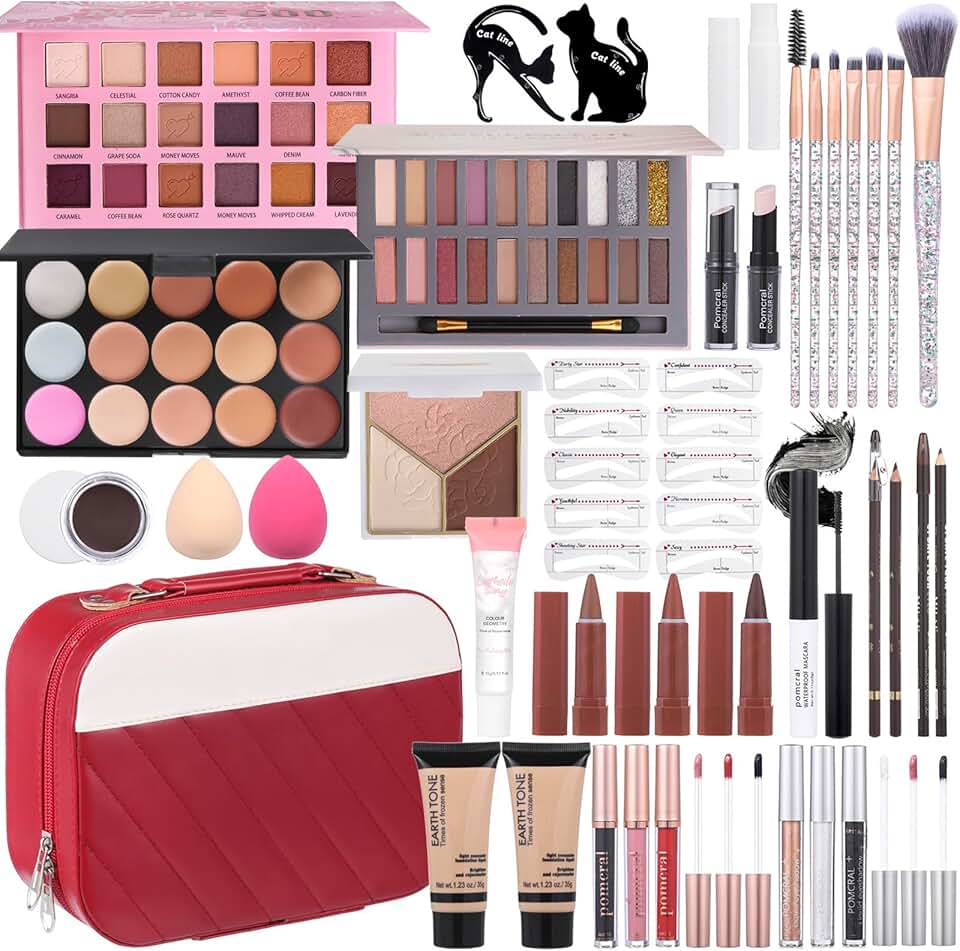 Complete makeup kit with eyeshadow, foundation, lipstick, brushes, and carrying bag