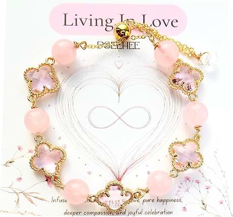 Handmade Rose Quartz and Clover Gold Chain Bracelet