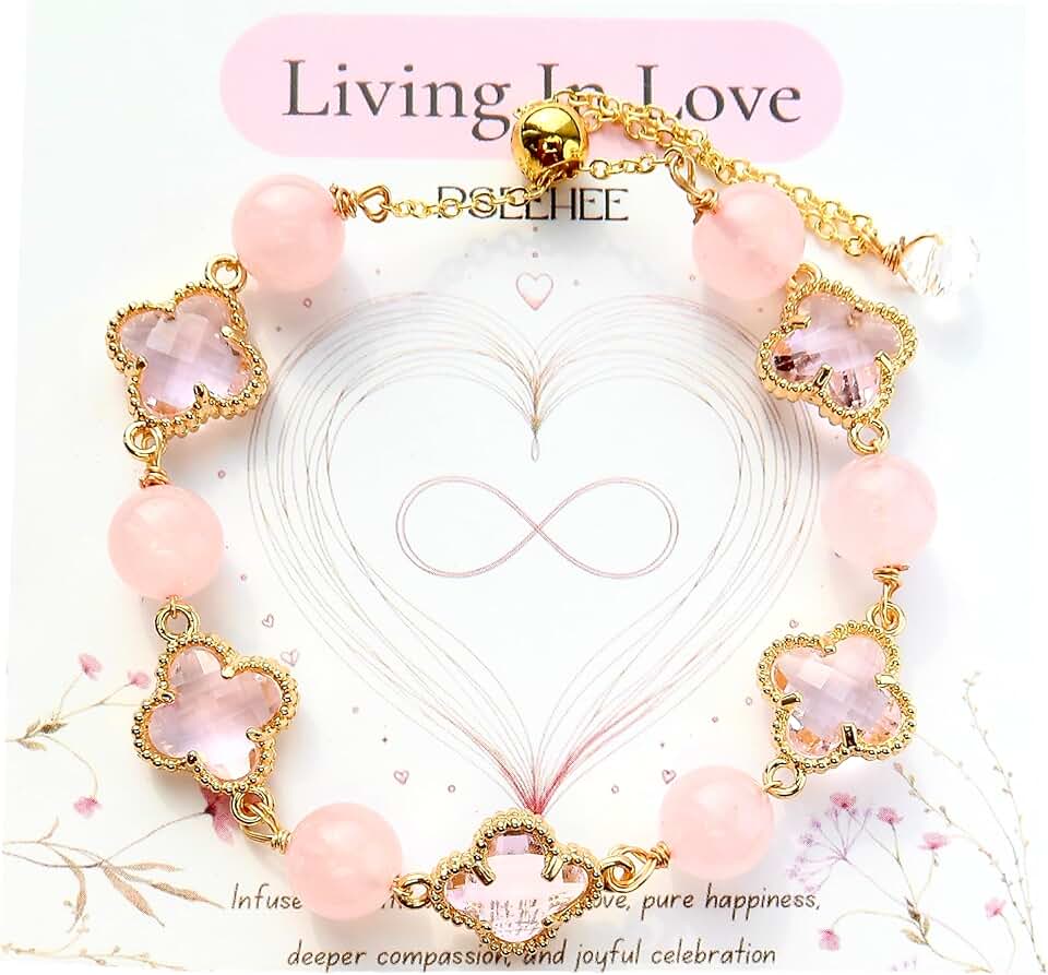 Handmade Rose Quartz and Clover Gold Chain Bracelet