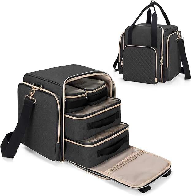 Large black travel makeup bag with removable cases