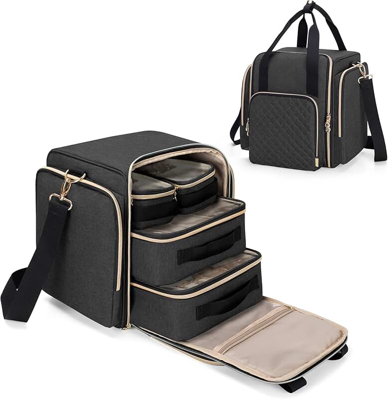Large black travel makeup bag with removable cases
