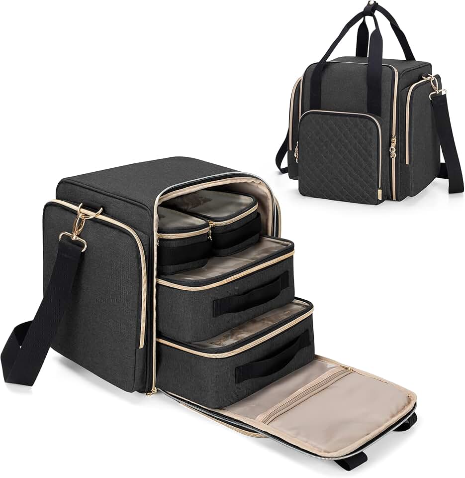 Large black travel makeup bag with removable cases