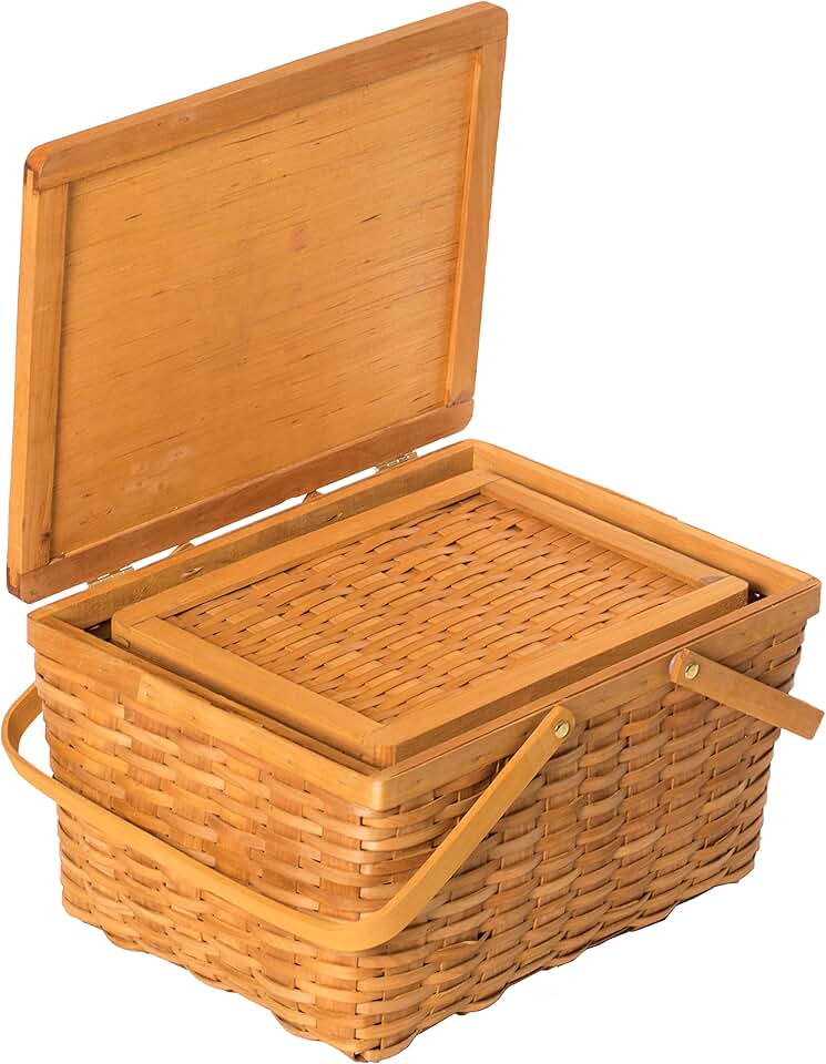 Set of 2 Woodchip Picnic Storage Baskets with Cover and Handles