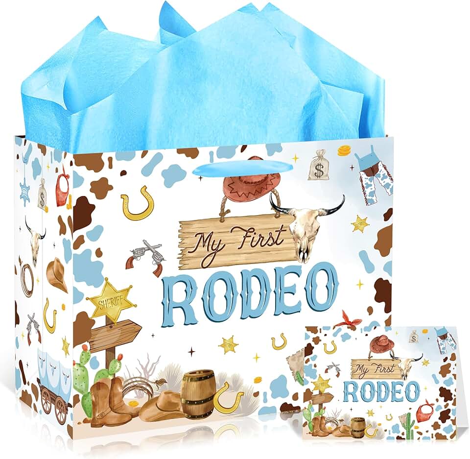 First Cowboy Birthday Gift Bag with Tissue and Card