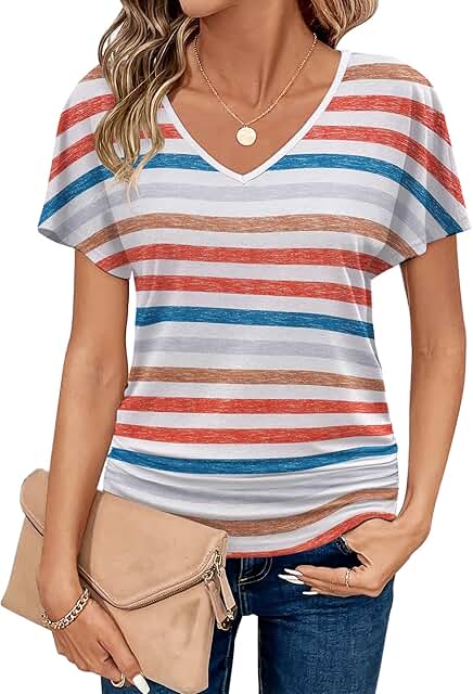 Women's V-Neck Short Sleeve Blouse, Ruched, Casual to Business