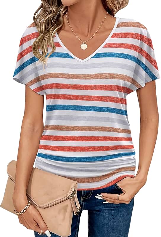Women's V-Neck Short Sleeve Blouse, Ruched, Casual to Business